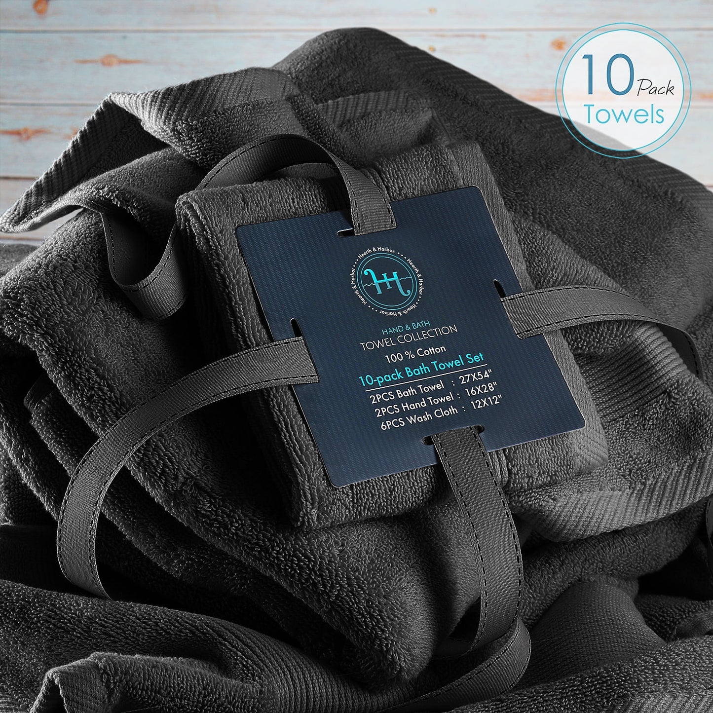 Bath Towel Collection, 100% Cotton Luxury Soft 10 Pc Set – Black