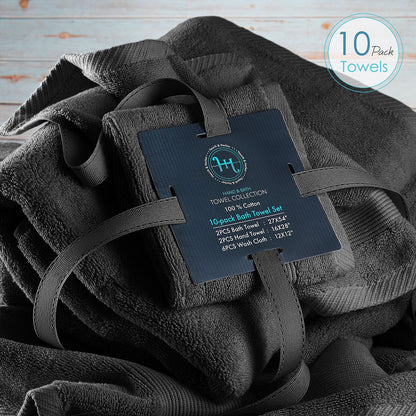 Bath Towel Collection, 100% Cotton Luxury Soft 10 Pc Set – Black