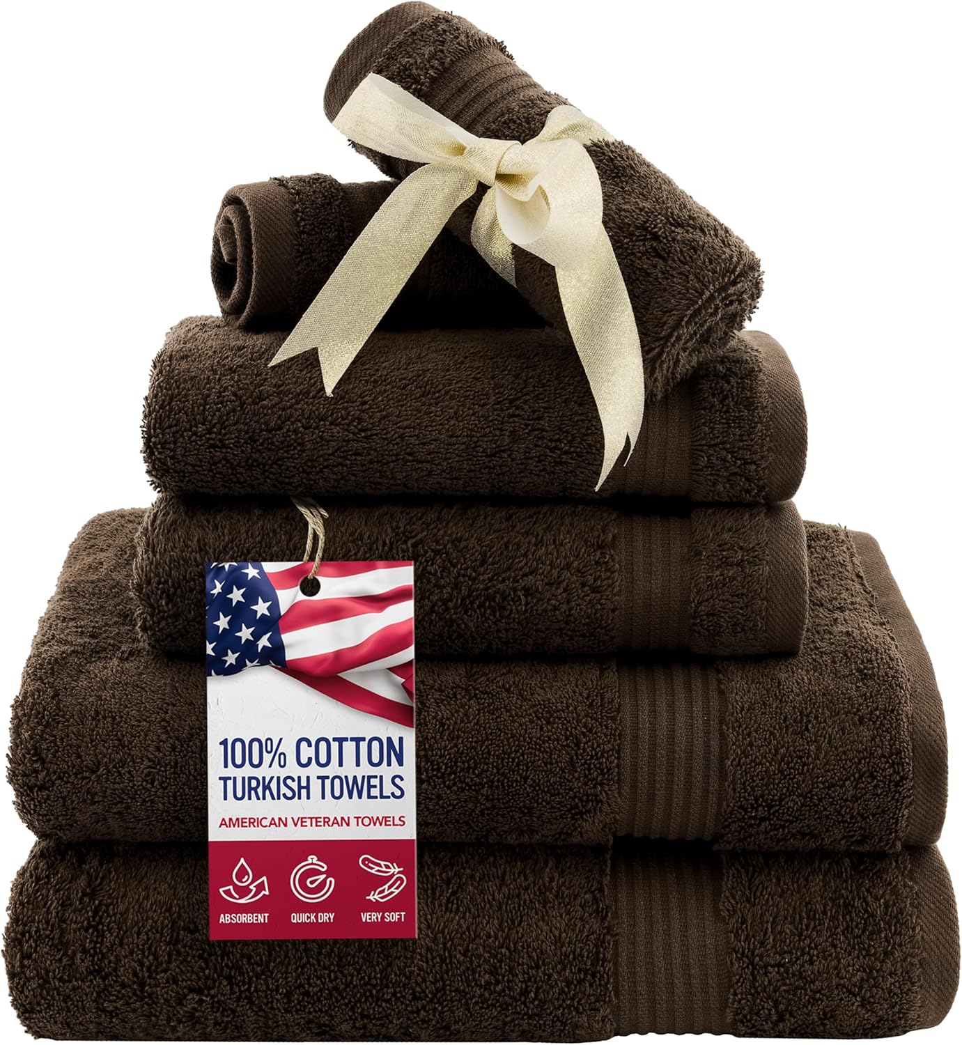 , 100% Cotton Turkish 6 Piece Towel Set, Luxury Towels Set of 6 for Bathroom Essentials, 2 Bath Towels 2 Hand Towels 2 Washcloths, Brown