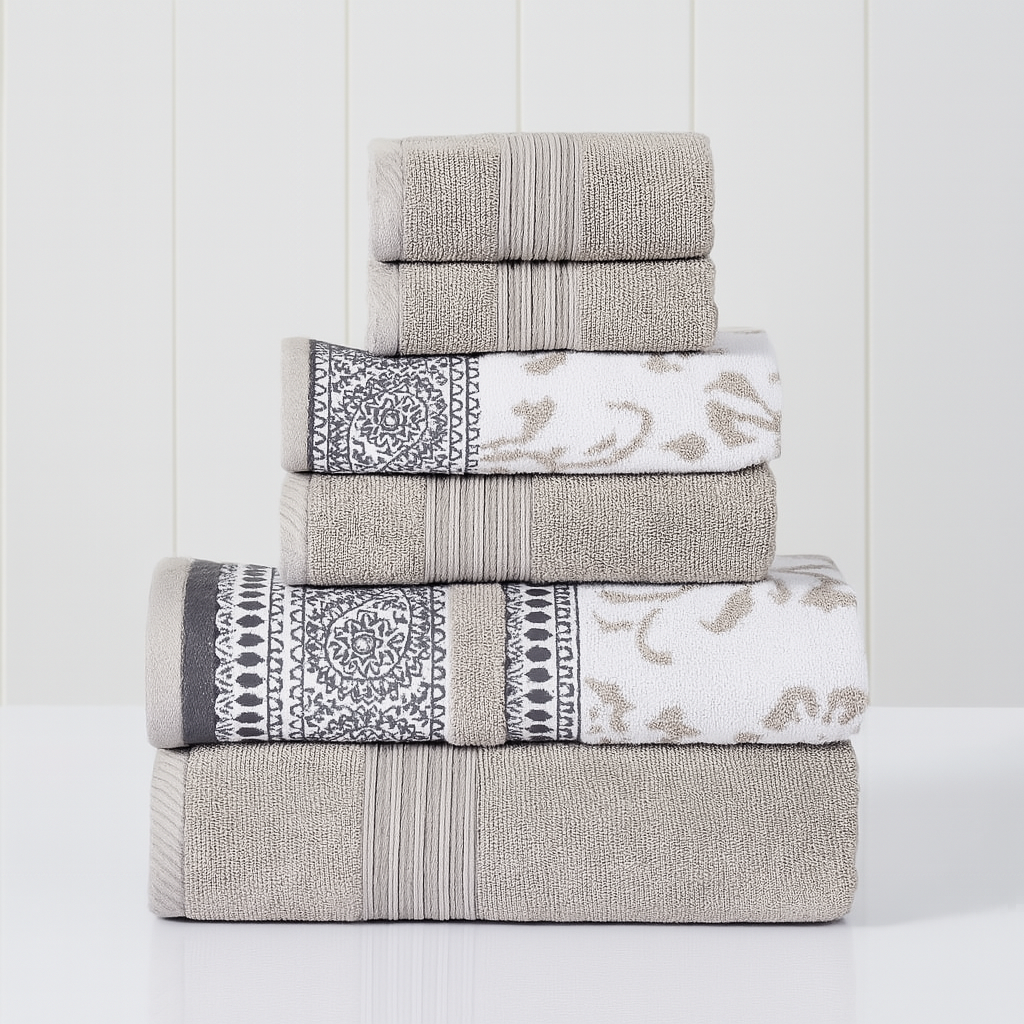 6-Piece Towel Set – Yarn-Dyed Jacquard & Solid Cotton Towels in Ophelia Fawn (2 Bath, 2 Hand, 2 Washcloths)