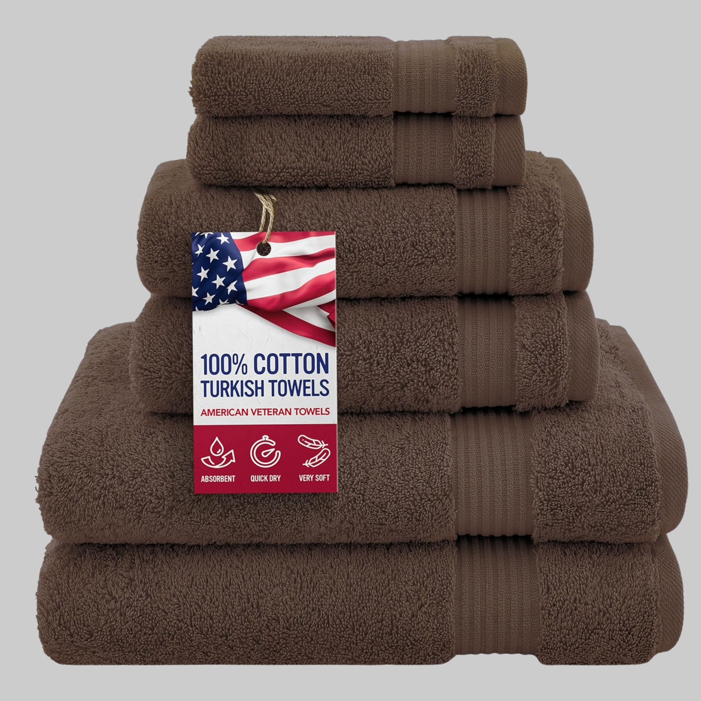 100% Turkish Cotton 6-Piece Towel Set | Luxury, Ultra Soft & Absorbent Bathroom Towels | Brown
