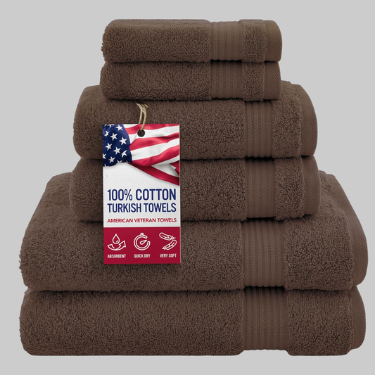 100% Turkish Cotton 6-Piece Towel Set | Luxury, Ultra Soft & Absorbent Bathroom Towels | Brown