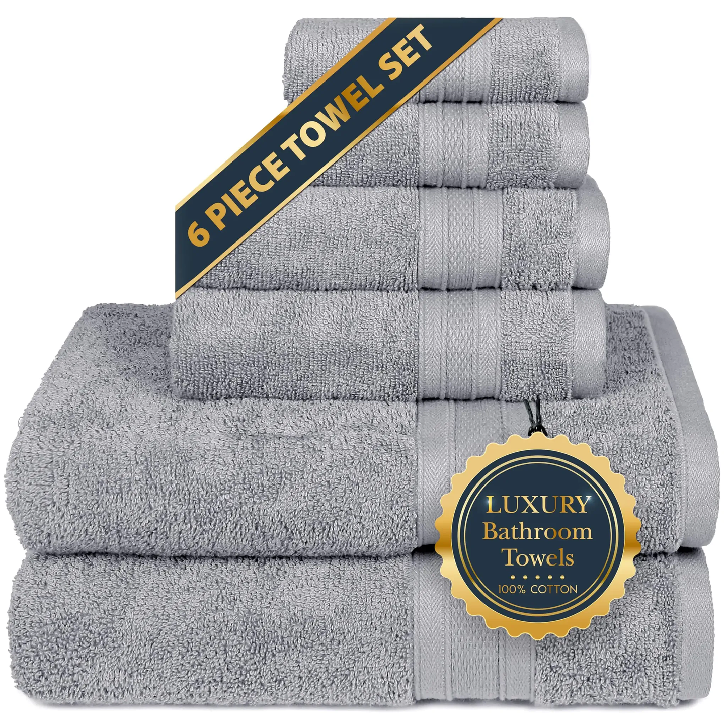 6-Piece Luxury Towel Set – 100% Cotton, Soft, Plush & Highly Absorbent Towels for Bathroom Use (Silverish Grey)