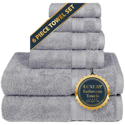 6-Piece Luxury Towel Set – 100% Cotton, Soft, Plush & Highly Absorbent Towels for Bathroom Use (Silverish Grey)