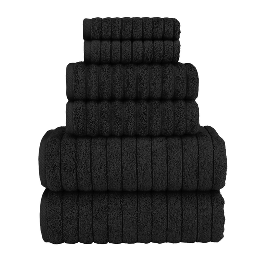 6-Piece Ribbed Luxury Towel Set – 100% Turkish Cotton, Ultra Soft, Quick-Drying & Highly Absorbent (Black)