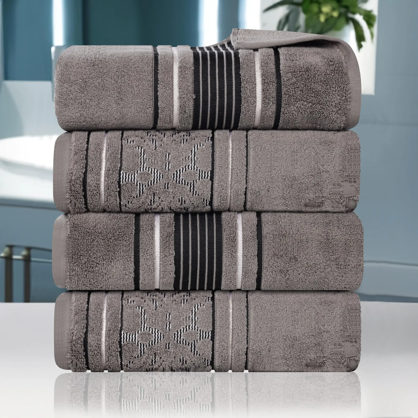 Set of 4 Charcoal Cotton Bath Towels – Ultra Soft, Plush & Quick-Drying Zero-Twist Towels for Spa, Hotel, or Home